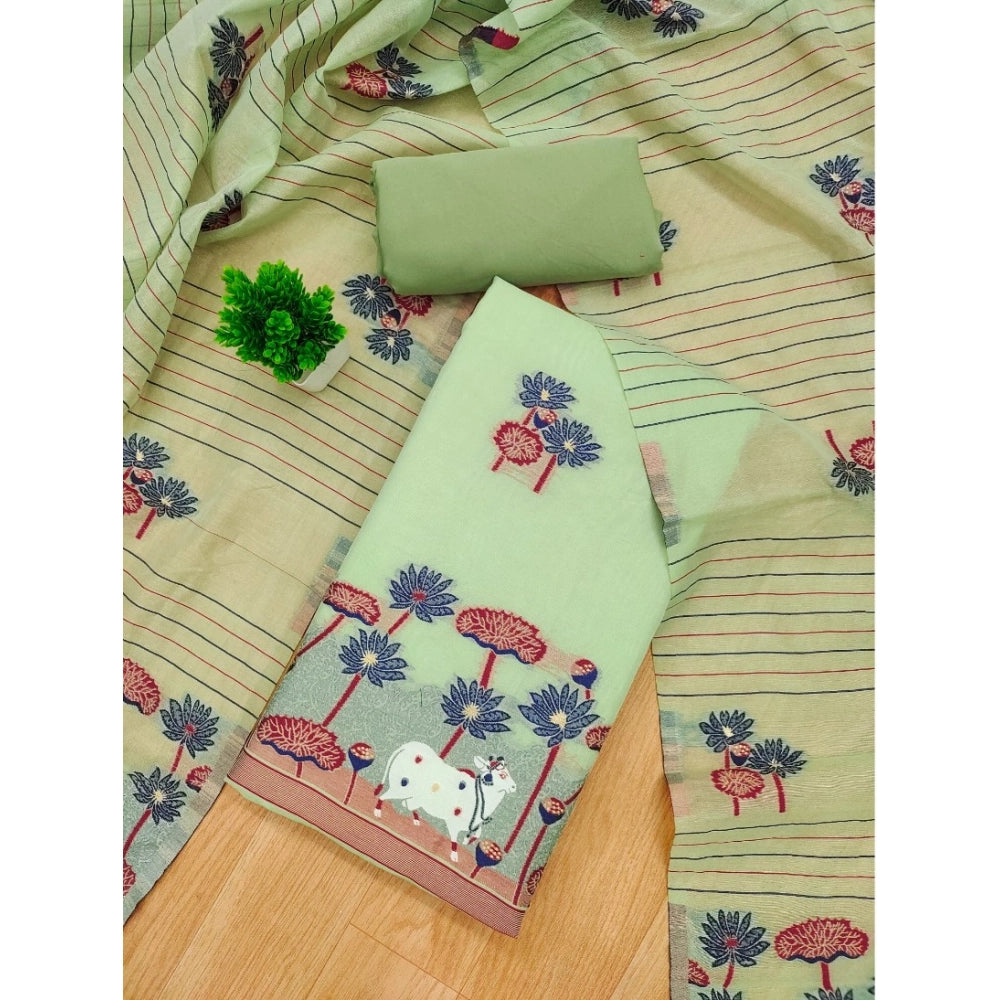 महिलाओं के लिए बनारसी सिल्क प्रिंटेड अनस्टिच्ड सलवार सूट मटेरियल दुपट्टे के साथ (पिस्ता, 3 मीटर)