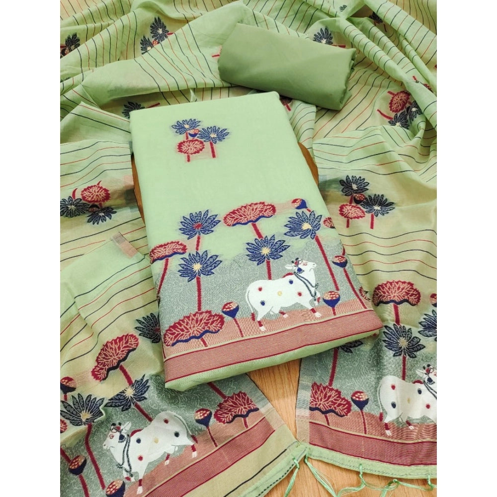 महिलाओं के लिए बनारसी सिल्क प्रिंटेड अनस्टिच्ड सलवार सूट मटेरियल दुपट्टे के साथ (पिस्ता, 3 मीटर)