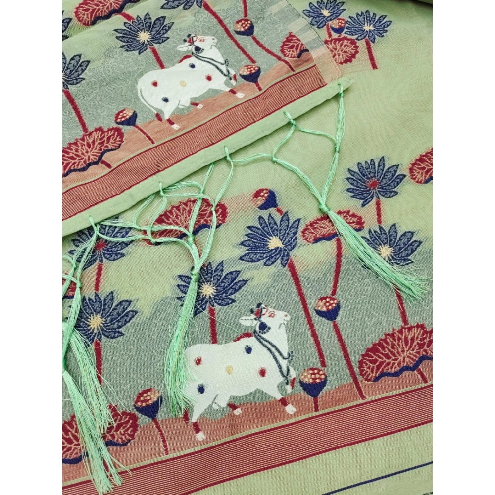 महिलाओं के लिए बनारसी सिल्क प्रिंटेड अनस्टिच्ड सलवार सूट मटेरियल दुपट्टे के साथ (पिस्ता, 3 मीटर)