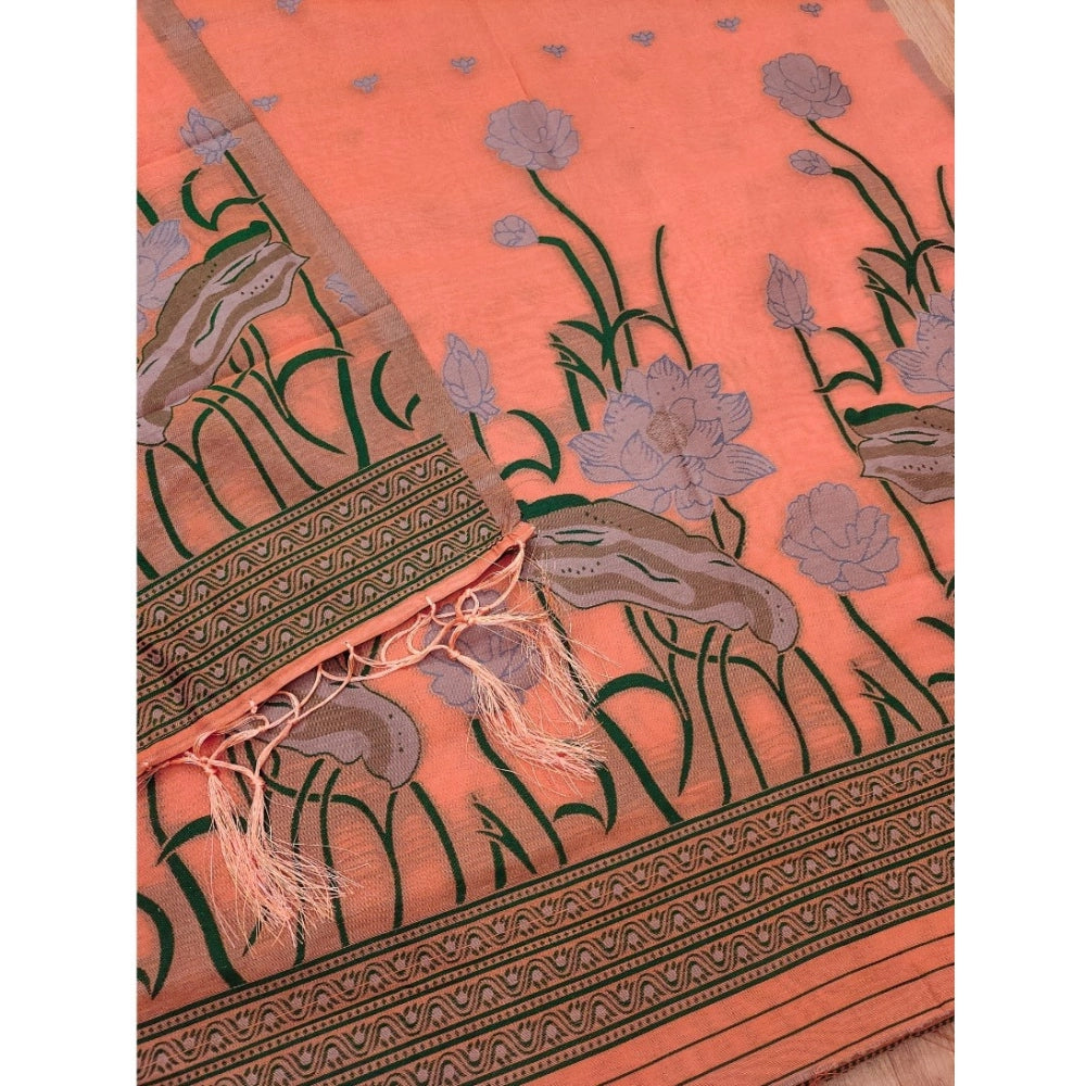 महिलाओं के लिए बनारसी सिल्क प्रिंटेड अनस्टिच्ड सलवार सूट मटेरियल दुपट्टे सहित (पीच रंग, 3 मीटर)