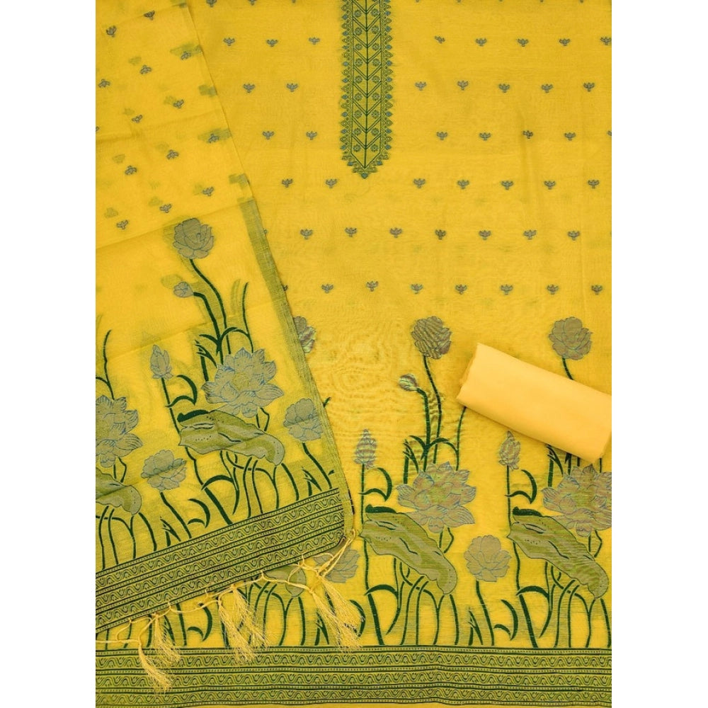 महिलाओं के लिए बनारसी सिल्क प्रिंटेड अनस्टिच्ड सलवार सूट मटेरियल दुपट्टे सहित (पीला, 3 मीटर)