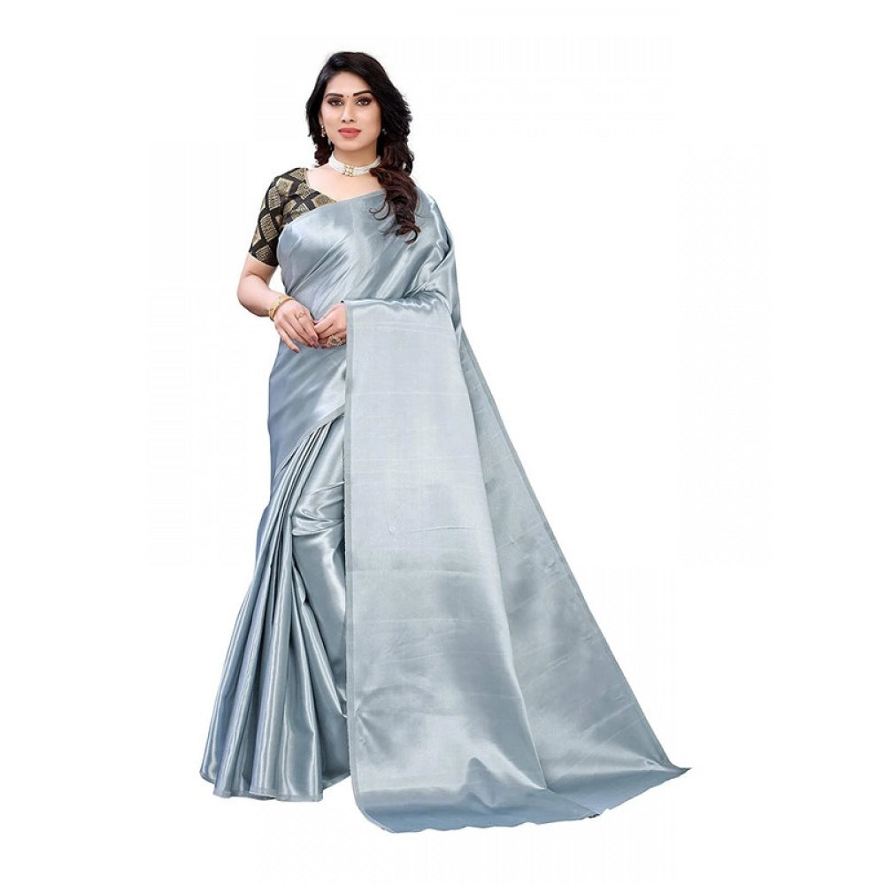 महिलाओं के लिए साटन प्रिंटेड साड़ी, बिना सिला ब्लाउज के साथ, 5.5 मीटर (ग्रे)