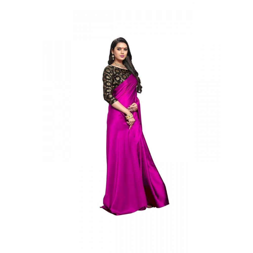 महिलाओं के लिए साटन की सॉलिड साड़ी, बिना सिला ब्लाउज के साथ, 5.5 मीटर (मैजेंटा)