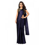 Generic Women's Satin Printed Saree With Unstitched Blouse 5.5Mtr (Navy Blue)