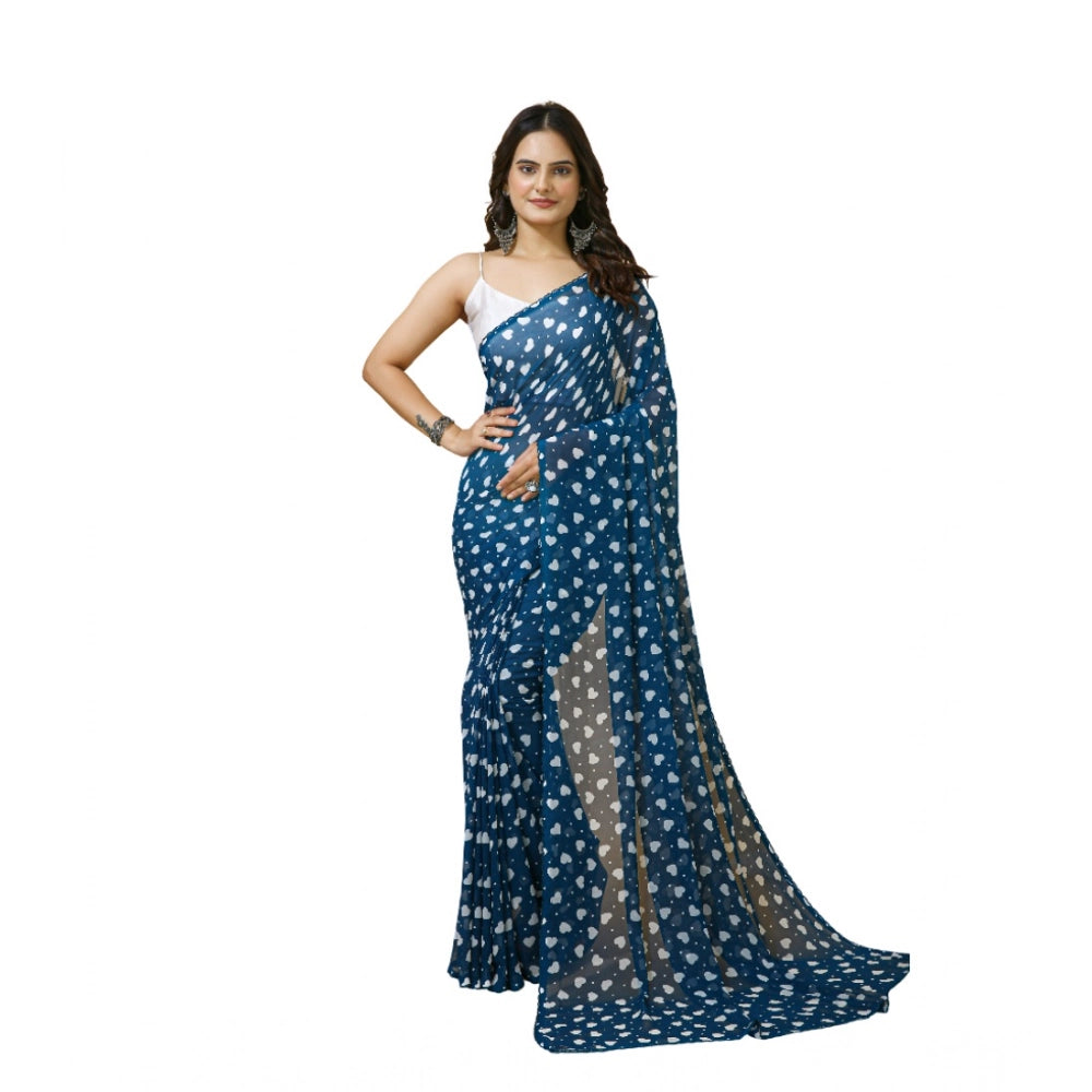 महिलाओं के लिए जॉर्जेट प्रिंटेड साड़ी, बिना सिला ब्लाउज के साथ, 5.5 मीटर (नीला)