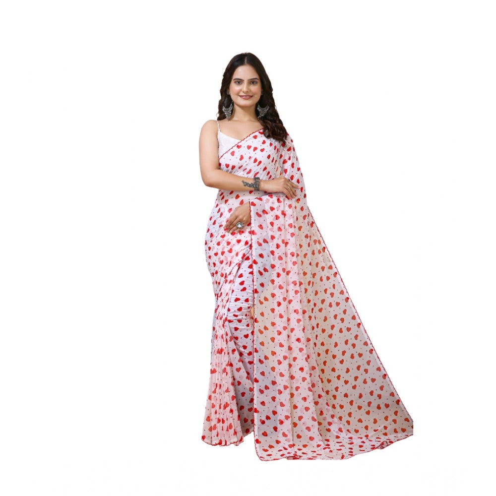 महिलाओं के लिए जॉर्जेट प्रिंटेड साड़ी, बिना सिला ब्लाउज के साथ, 5.5 मीटर (सफेद-लाल)