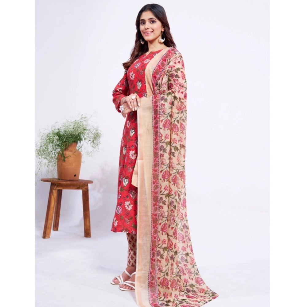 जेनरिक महिलाओं का कॉटन ब्लेंड प्रिंटेड कुर्ती पैंट दुपट्टा सेट (लाल)