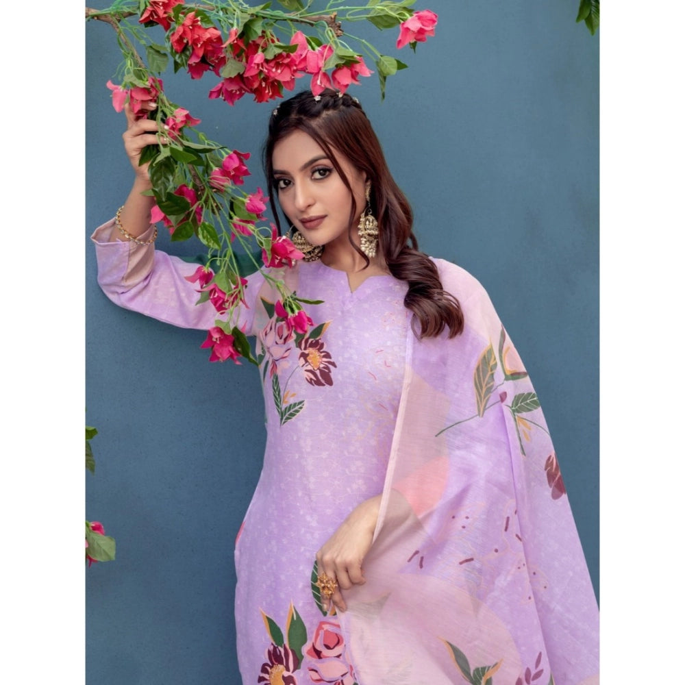 जेनरिक महिलाओं का कॉटन ब्लेंड प्रिंटेड कुर्ती पैंट दुपट्टा सेट (लैवेंडर)