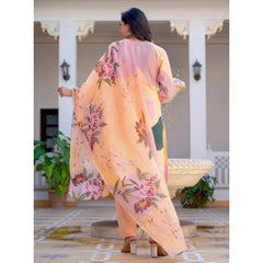 जेनरिक महिलाओं का कॉटन ब्लेंड प्रिंटेड कुर्ती पैंट दुपट्टा सेट (नारंगी)