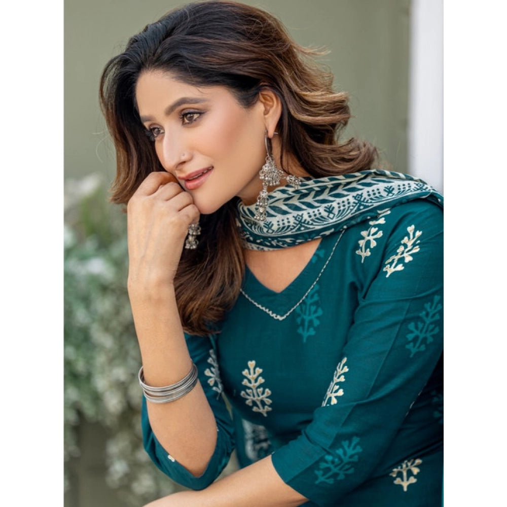 महिलाओं के लिए कॉटन ब्लेंड प्रिंटेड कुर्ती और पैंट दुपट्टा सेट (मॉरपिच)