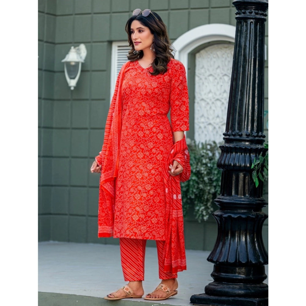 Generic Women's Cotton Blend Printed Kurti With Pant Dupatta Set (Orange)