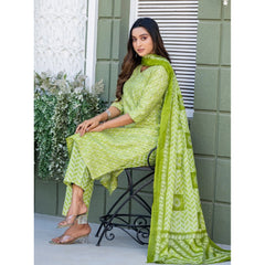 जेनरिक महिलाओं का कॉटन ब्लेंड प्रिंटेड कुर्ती पैंट दुपट्टा सेट (तोते का प्रिंट)