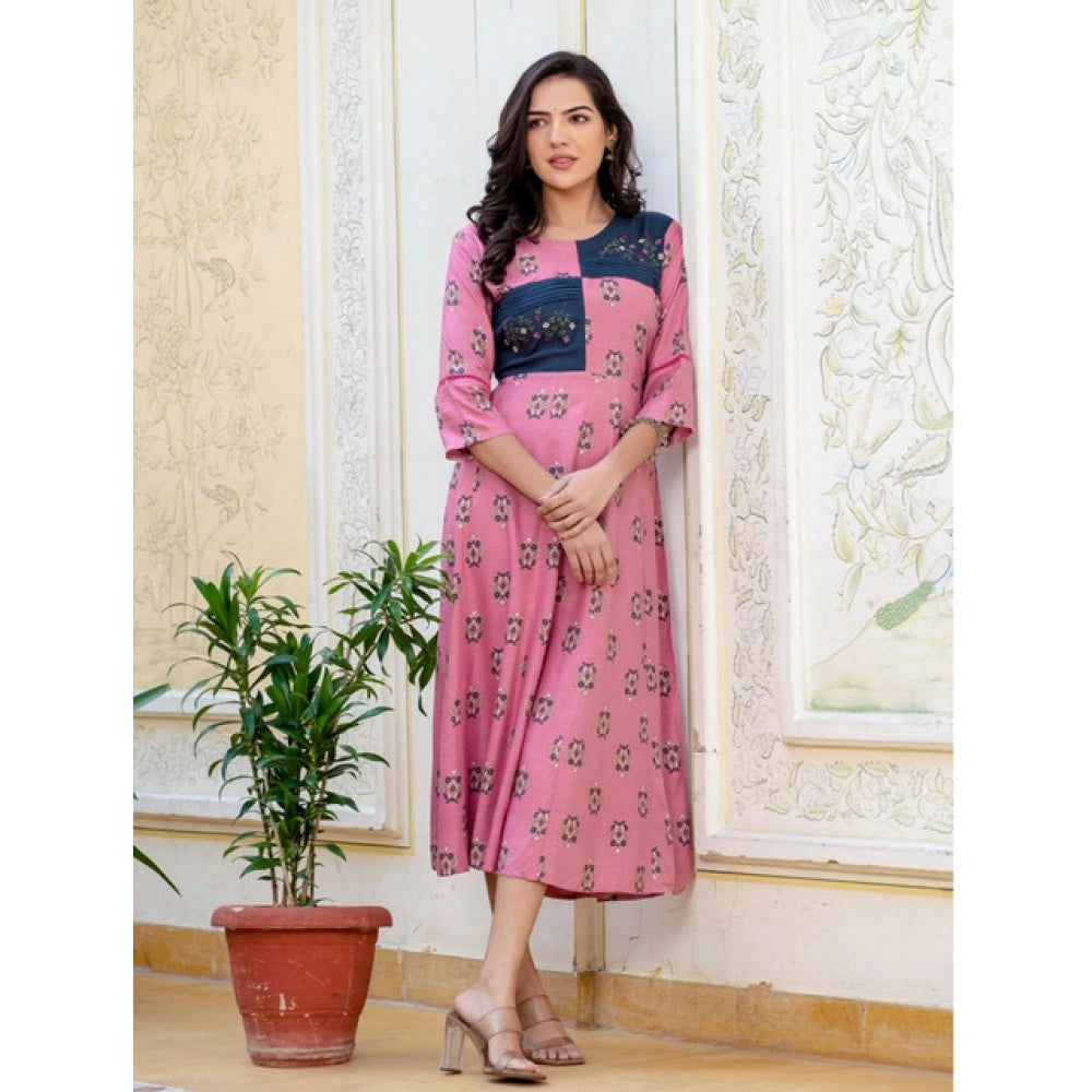 Generic Women's Rayon  Print With Embroidery Work A-Line Kurti (Wine)