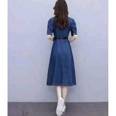 महिलाओं के लिए सामान्य कैज़ुअल डेनिम हाफ स्लीव्स ड्रेस (नीला)