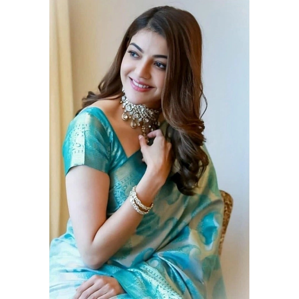 जेनेरिक महिलाओं की सॉफ्ट लीची सिल्क प्रिंटेड साड़ी, बिना सिले ब्लाउज के साथ, 5.5 मीटर (आसमानी नीला)