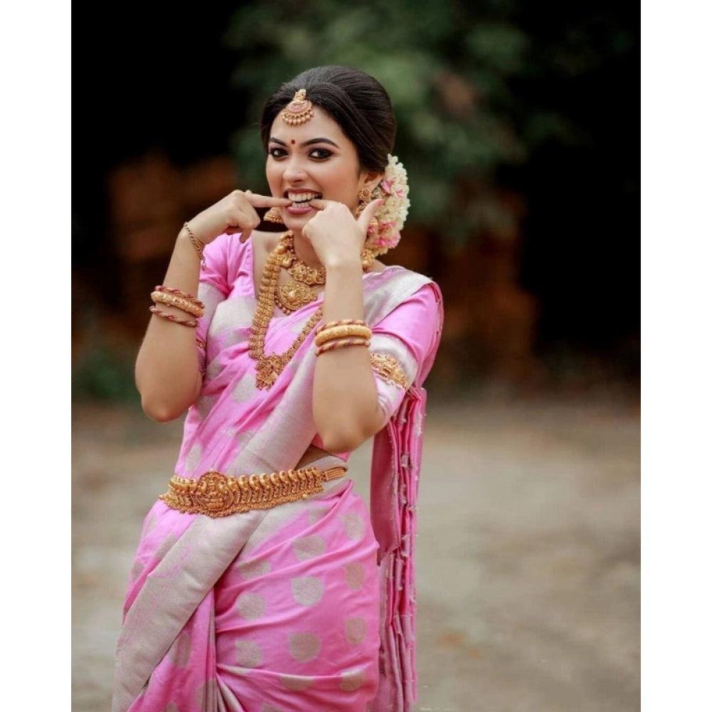 जेनेरिक महिलाओं की सॉफ्ट लीची सिल्क प्रिंटेड साड़ी, बिना सिले ब्लाउज के साथ, 5.5 मीटर (गुलाबी)