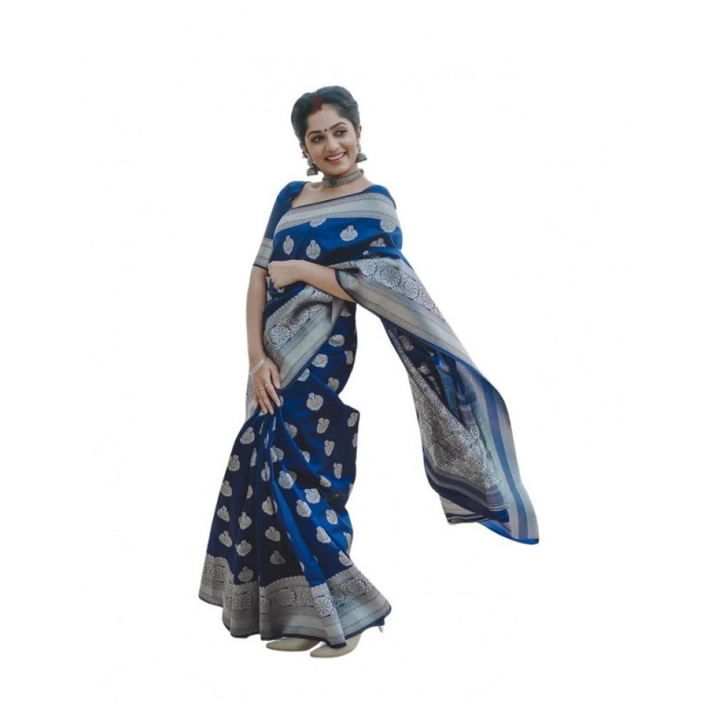 जेनेरिक महिलाओं की सॉफ्ट लीची सिल्क प्रिंटेड साड़ी, बिना सिले ब्लाउज के साथ, 5.5 मीटर (नीला)