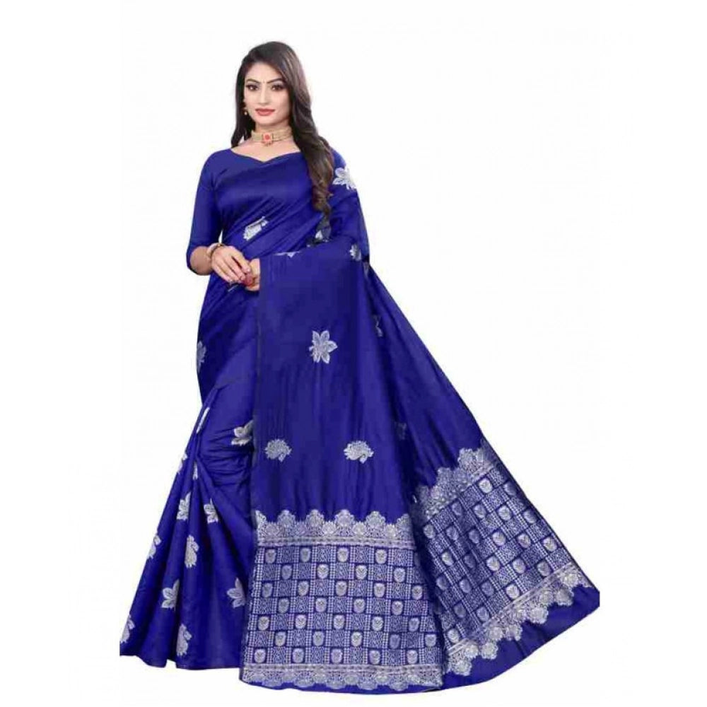 जेनेरिक महिलाओं की सॉफ्ट लीची सिल्क प्रिंटेड साड़ी, बिना सिले ब्लाउज के साथ, 5.5 मीटर (नीला)