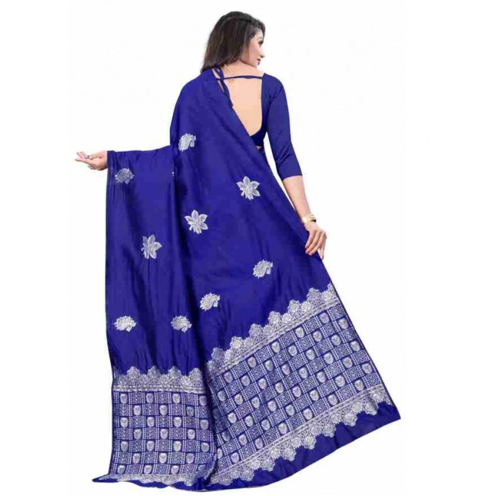 जेनेरिक महिलाओं की सॉफ्ट लीची सिल्क प्रिंटेड साड़ी, बिना सिले ब्लाउज के साथ, 5.5 मीटर (नीला)