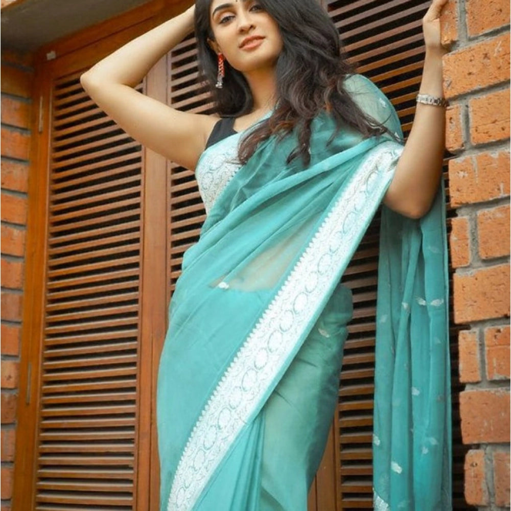 महिलाओं के लिए जेनेरिक सॉफ्ट लीची सिल्क प्रिंटेड साड़ी, बिना सिला ब्लाउज के साथ, 5.5 मीटर (आसमानी नीला)