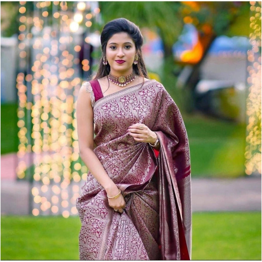 जेनेरिक महिलाओं की सॉफ्ट लीची सिल्क प्रिंटेड साड़ी, बिना सिले ब्लाउज के साथ, 5.5 मीटर (वाइन रंग)