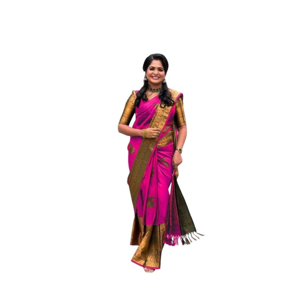 जेनेरिक महिलाओं की सॉफ्ट लीची सिल्क प्रिंटेड साड़ी, बिना सिले ब्लाउज के साथ, 5.5 मीटर (गुलाबी)