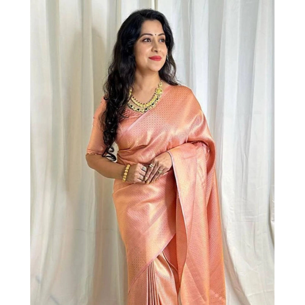 जेनेरिक महिलाओं की सॉफ्ट लीची सिल्क प्रिंटेड साड़ी, बिना सिले ब्लाउज के साथ, 5.5 मीटर (पीच रंग)