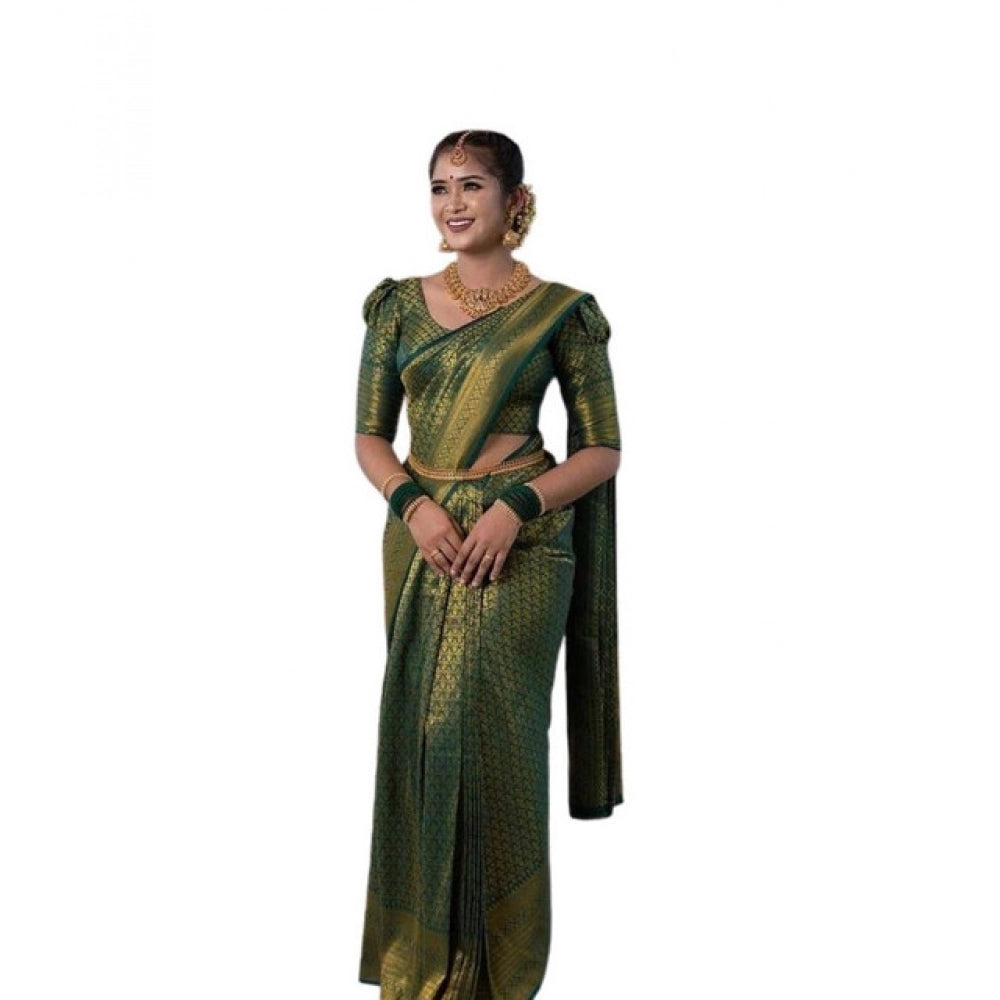 जेनेरिक महिलाओं की सॉफ्ट लीची सिल्क प्रिंटेड साड़ी, बिना सिले ब्लाउज के साथ, 5.5 मीटर (हरा)