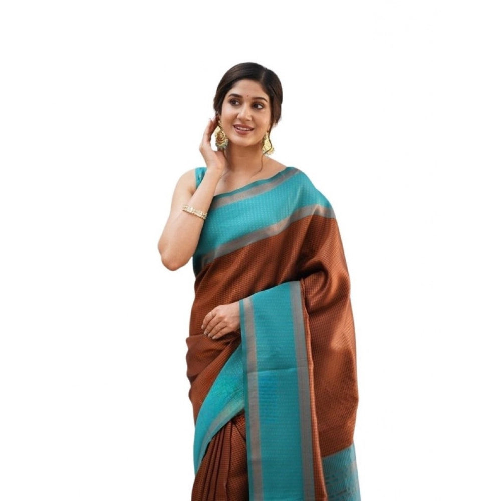 जेनेरिक महिलाओं की सॉफ्ट लीची सिल्क प्रिंटेड साड़ी, बिना सिले ब्लाउज के साथ, 5.5 मीटर (भूरा)