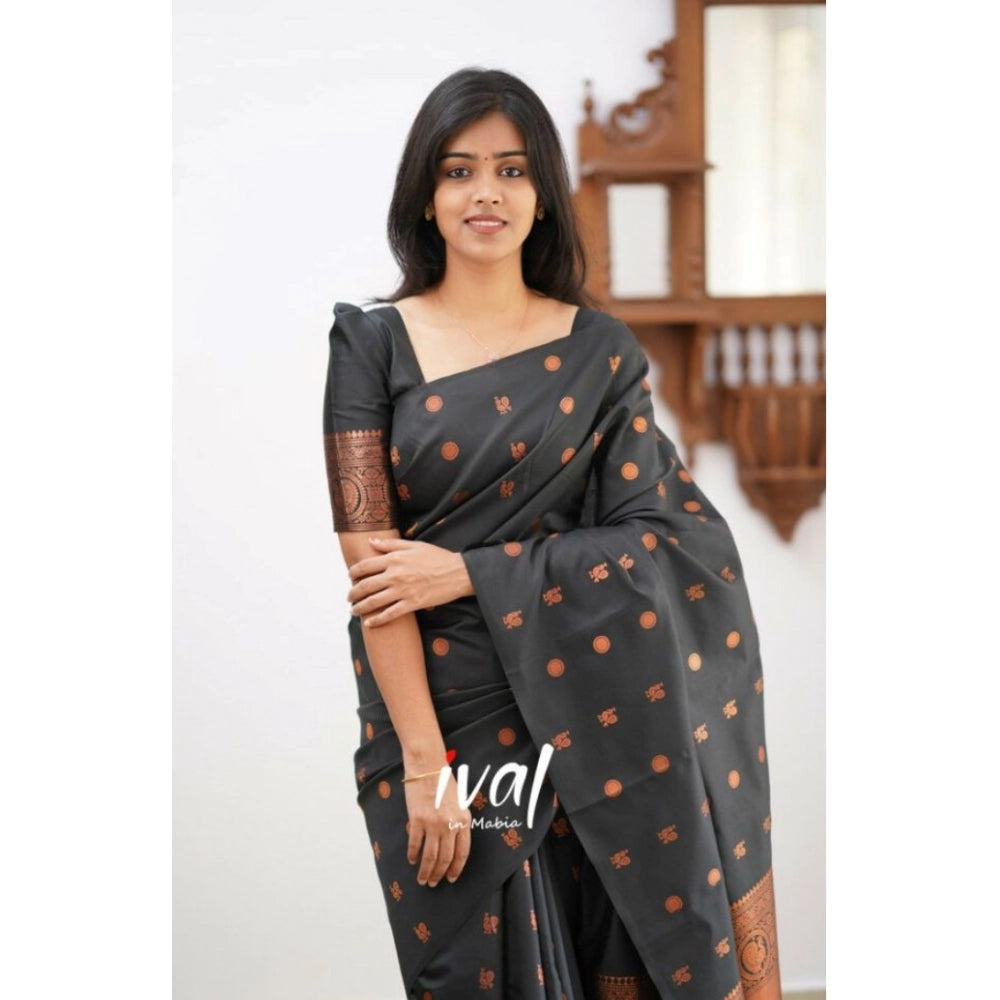 जेनेरिक महिलाओं की सॉफ्ट लीची सिल्क प्रिंटेड साड़ी, बिना सिले ब्लाउज के साथ, 5.5 मीटर (काला)