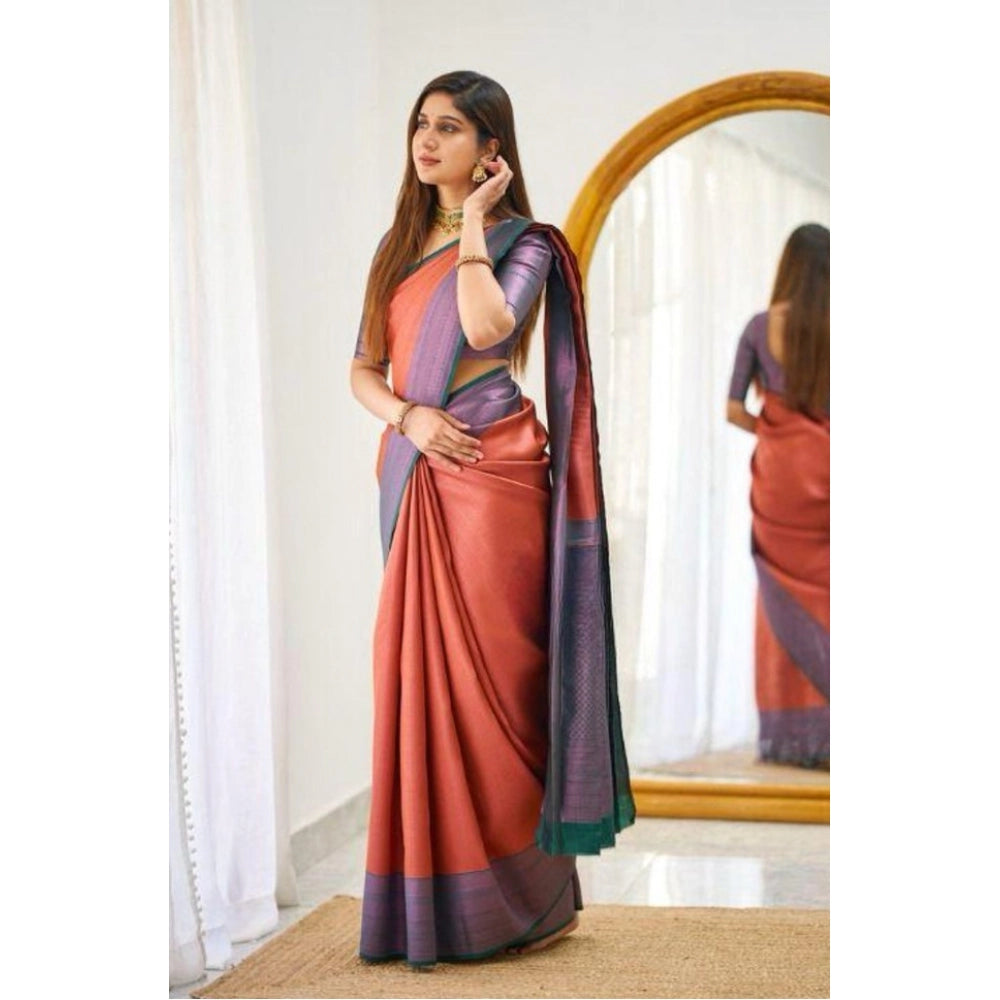 जेनेरिक महिलाओं की सॉफ्ट लीची सिल्क प्रिंटेड साड़ी, बिना सिले ब्लाउज के साथ, 5.5 मीटर (नारंगी)