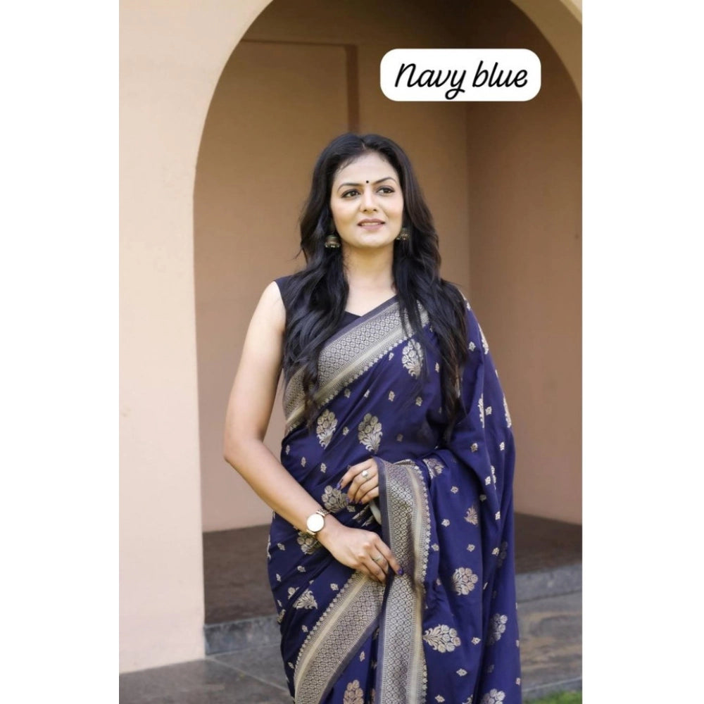 जेनेरिक महिलाओं की सॉफ्ट लीची सिल्क प्रिंटेड साड़ी, बिना सिले ब्लाउज के साथ, 5.5 मीटर (नेवी ब्लू)
