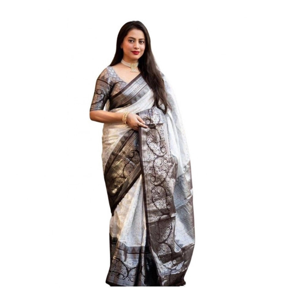 जेनेरिक महिलाओं की सॉफ्ट लीची सिल्क प्रिंटेड साड़ी, बिना सिले ब्लाउज के साथ, 5.5 मीटर (ऑफ-व्हाइट)