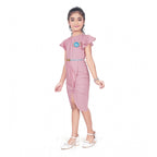 Generic Girl's Knitted Striped Short Sleeve Close Neck Dress (Pink)