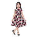  Girl's Lycra Checks Striped Short Sleeve Round Neck Dress (Pink)