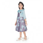 Generic Girl's Satin Printed Sleeve Less Round Neck Dress (Sea Green)