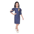  Girl's Knitted Striped Short Sleeve Round Neck Dress (Navy Blue)