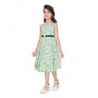 Generic Girl's Cotton Slub Printed Sleeve Less Round Neck Dress (Sea Green)