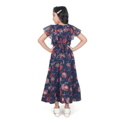 जेनेरिक गर्ल्स शिफॉन प्रिंटेड शॉर्ट स्लीव राउंड नेक ड्रेस (नीला)