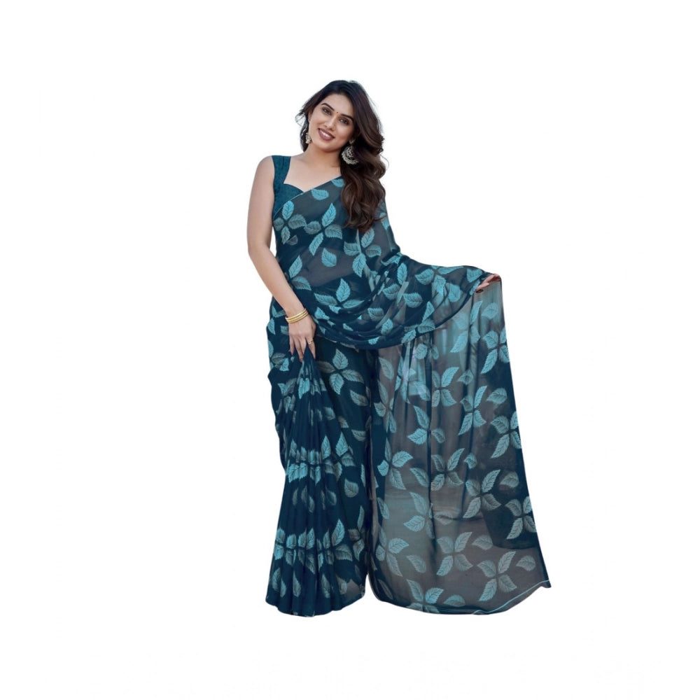 Generic Women's Chiffon Printed Saree With Unstitched Blouse 5.5MtrÂ (Blue)