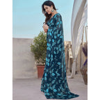 Generic Women's Chiffon Printed Saree With Unstitched Blouse 5.5MtrÂ (Blue)