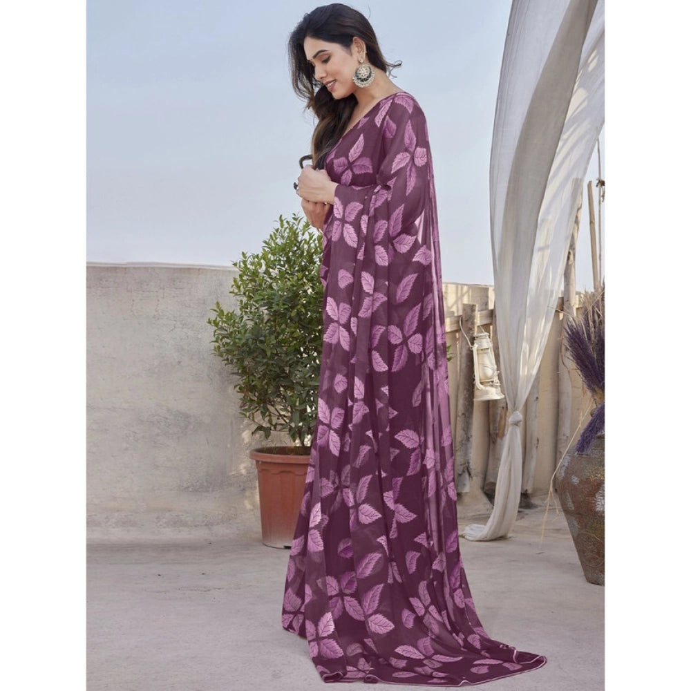 Generic Women's Chiffon Printed Saree With Unstitched Blouse 5.5MtrÂ (Purple)