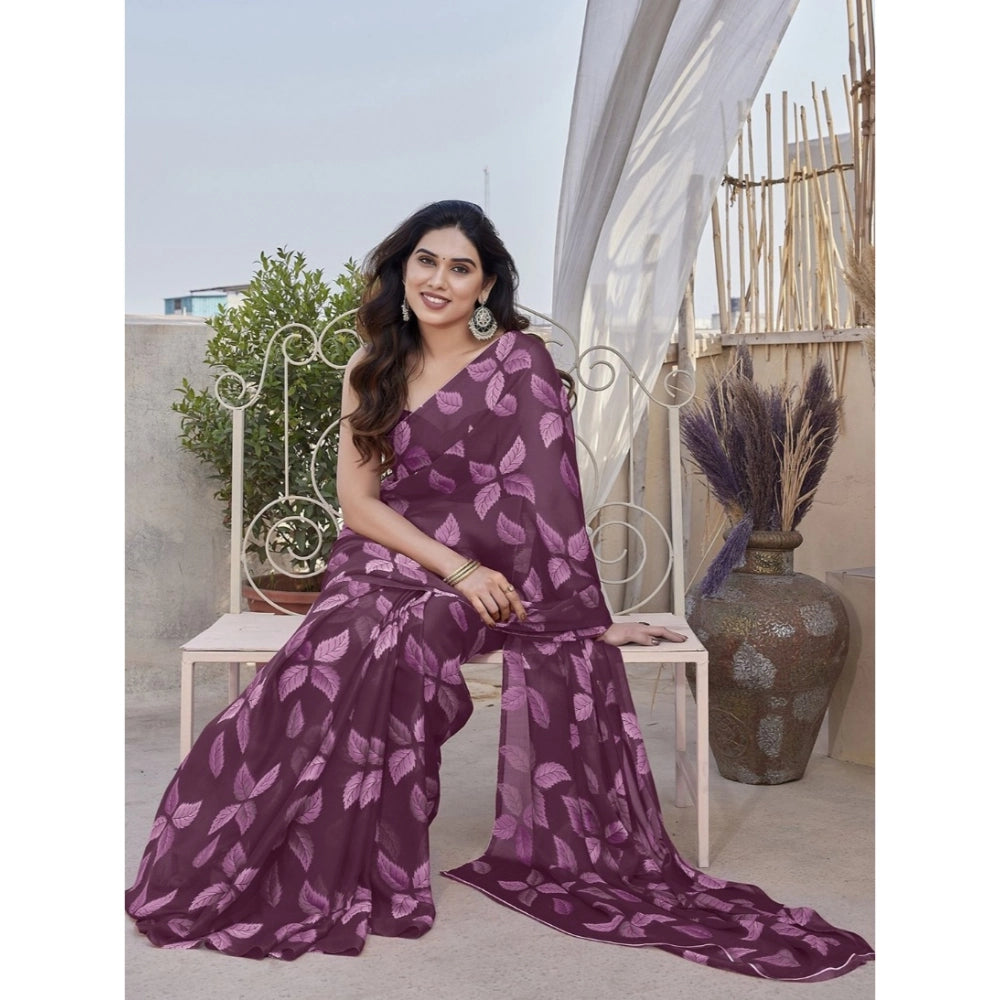Generic Women's Chiffon Printed Saree With Unstitched Blouse 5.5MtrÂ (Purple)