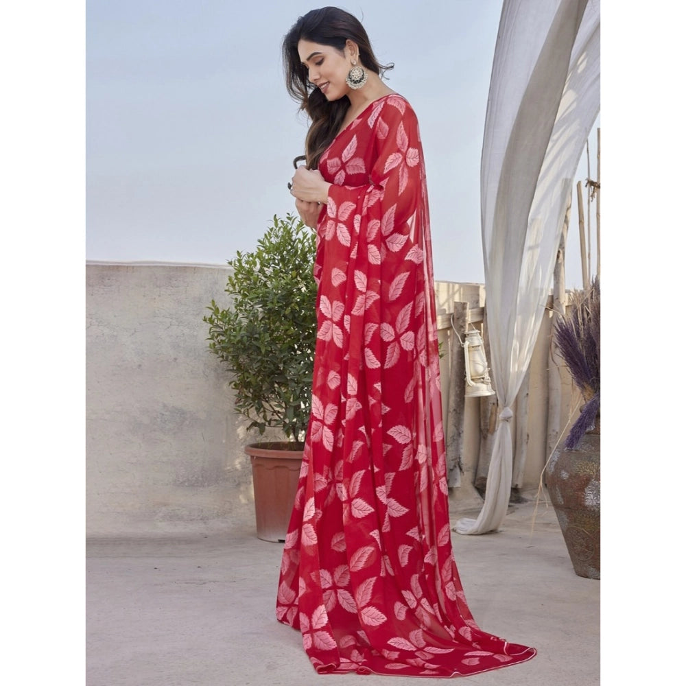 Generic Women's Chiffon Printed Saree With Unstitched Blouse 5.5MtrÂ (Red)