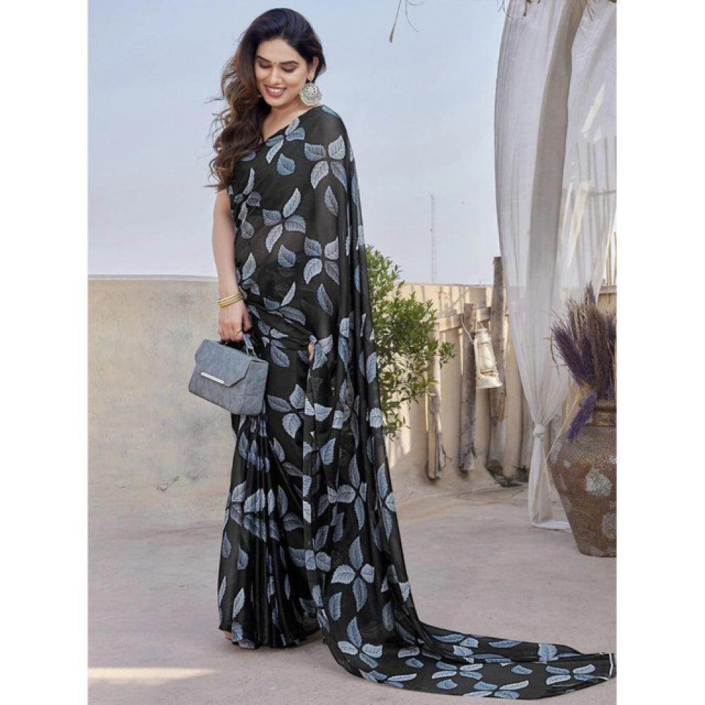 Generic Women's Chiffon Printed Saree With Unstitched Blouse 5.5MtrÂ (Black)