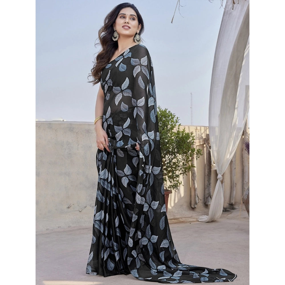 Generic Women's Chiffon Printed Saree With Unstitched Blouse 5.5MtrÂ (Black)