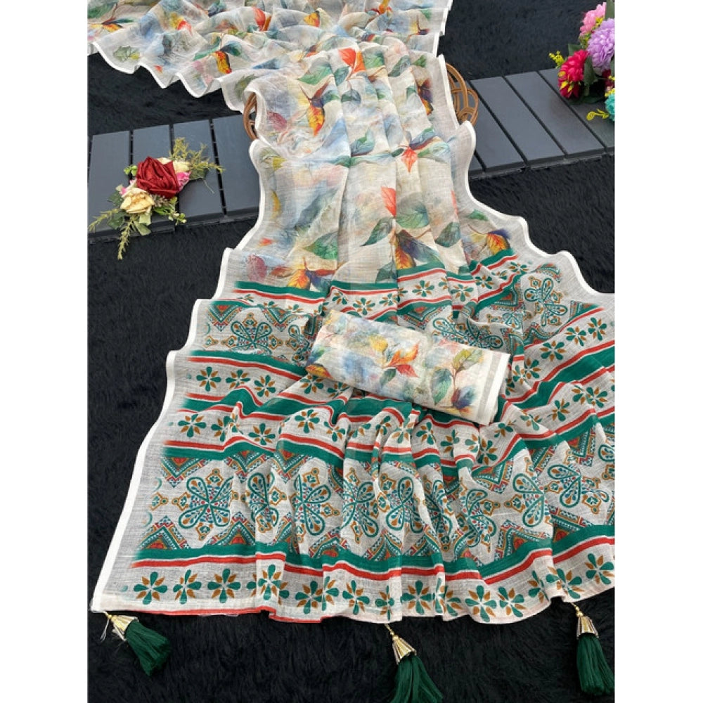 Generic Women's Linen Cotton  Printed Saree With Unstitched Blouse 5.5MtrÂ (Green)