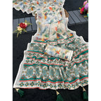 Generic Women's Linen Cotton  Printed Saree With Unstitched Blouse 5.5MtrÂ (Green)