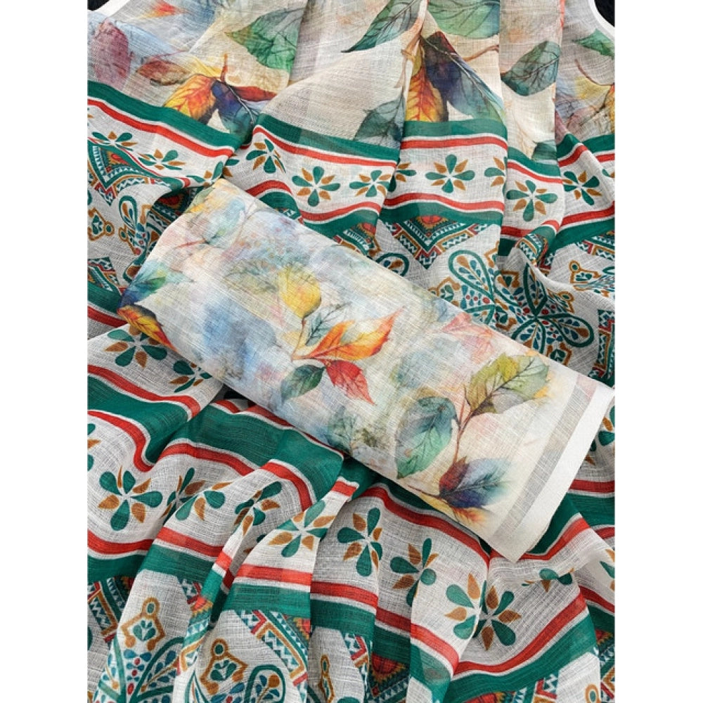 Generic Women's Linen Cotton  Printed Saree With Unstitched Blouse 5.5MtrÂ (Green)