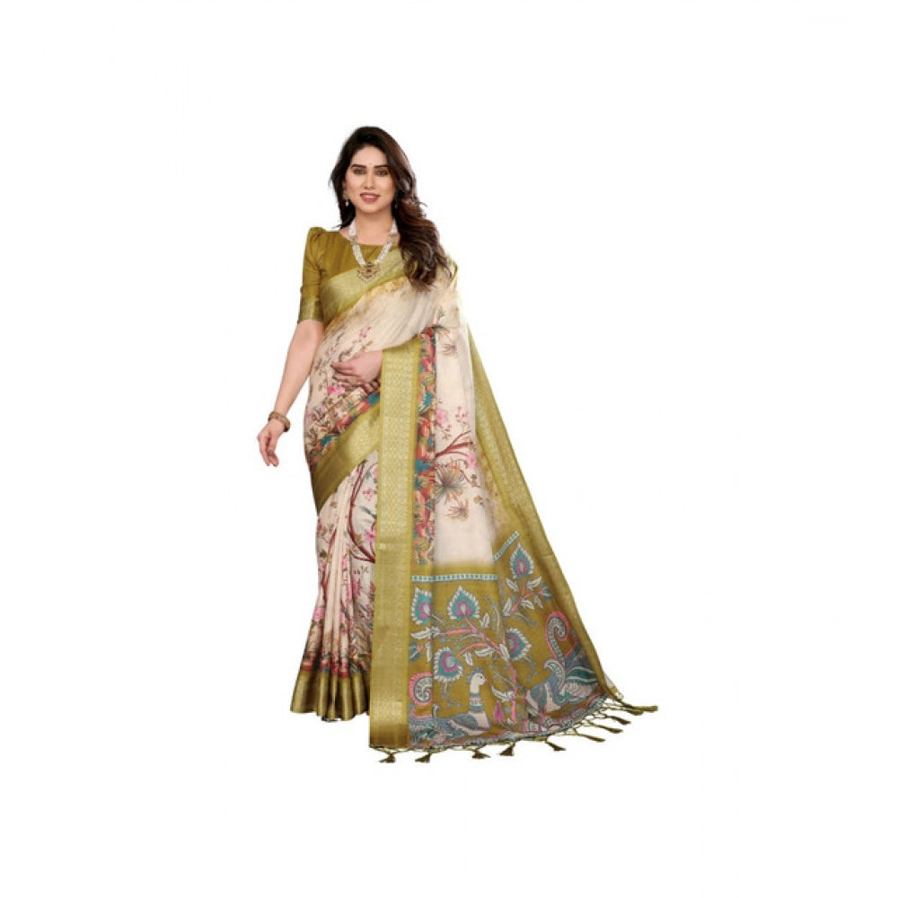 Generic Women's Cotton Silk  Printed Saree With Unstitched Blouse 5.5MtrÂ (Olive Green)